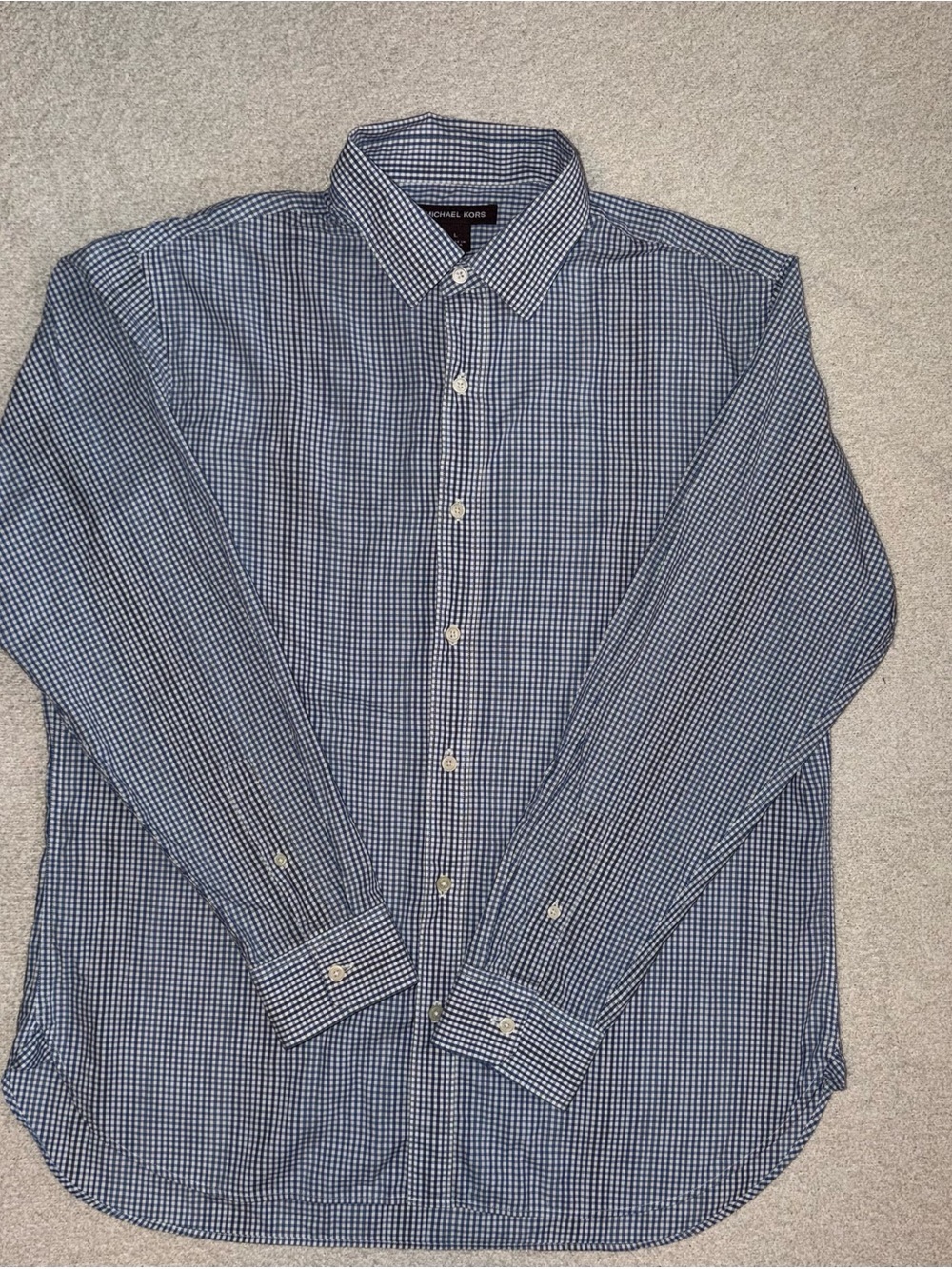 Michael Kors Men's Navy and White Gingham Dress Shirt L